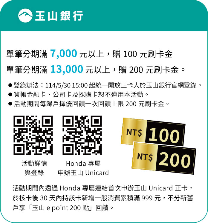 玉山銀行-單筆分期滿7,000元以上,贈100元刷卡金。單筆分期滿13,000元以上,贈200元刷卡金。