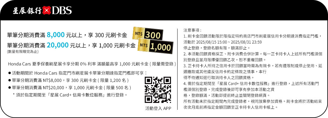 星展銀行-單筆分期消費滿8,000元以上,享300元刷卡金。單筆分期消費滿20,000元以上,享1,000元刷卡金。